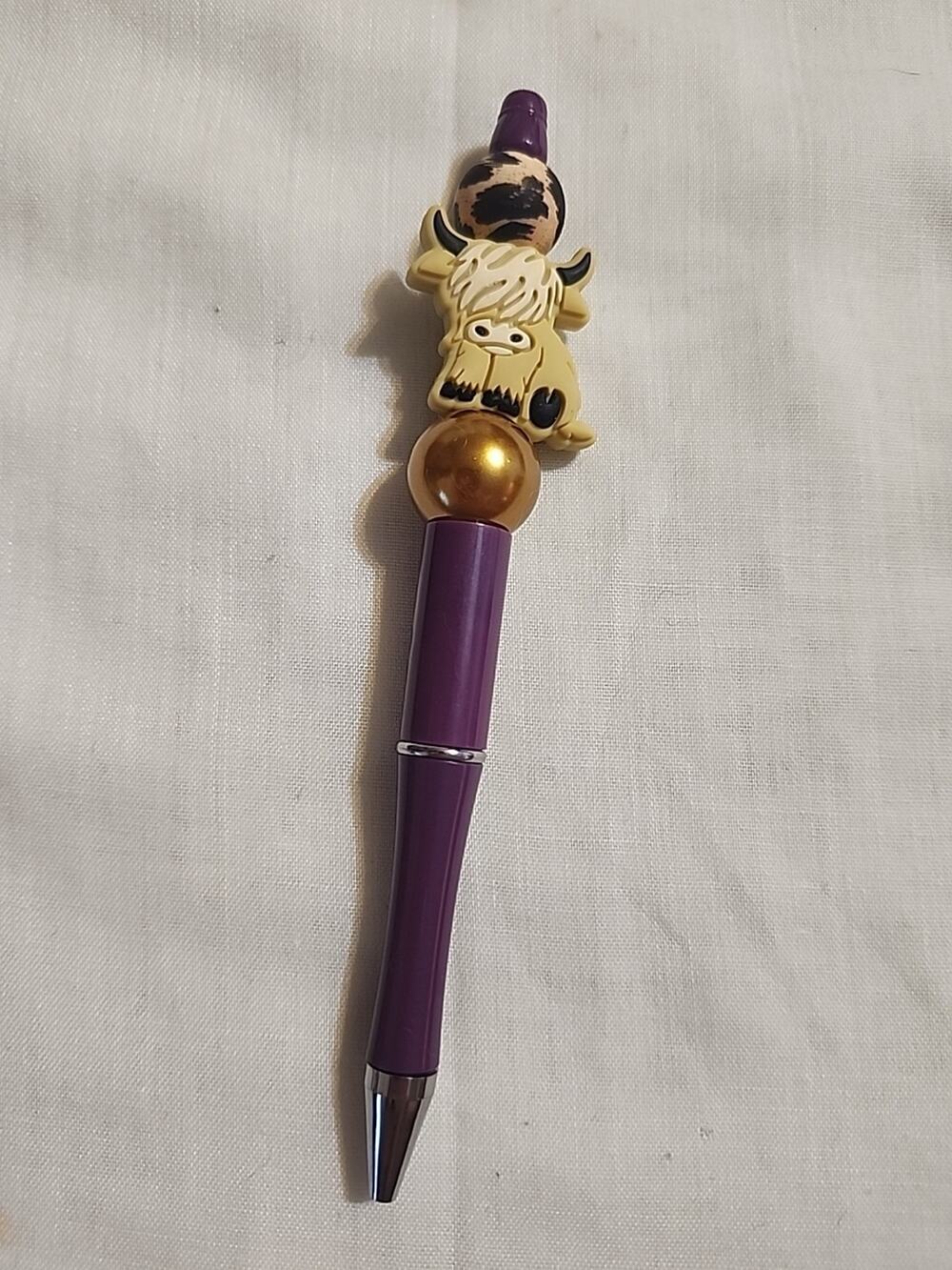 Bead Pen Highland Cow Deep Purple Pen Gold Animal Print Beads Handmade
